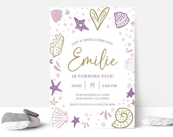 EDITABLE Sea Shell Invitation • Shellabration Party Invitation Pink Purple Gold• Shell Party • Digital Template | Corjl Instant Access