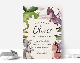Dragon Birthday Invitation | Modern Dragon Birthday Invite, Dragon Party, EDITABLE Digital Template | Corjl - Instant Download