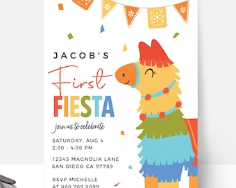 Inbjudan till första Fiesta-födelsedag • Inbjudan till Fiesta-festen • Modern Fiesta • Piñata-inbjudan • Redigerbar mall DIREKT NEDLADDNING