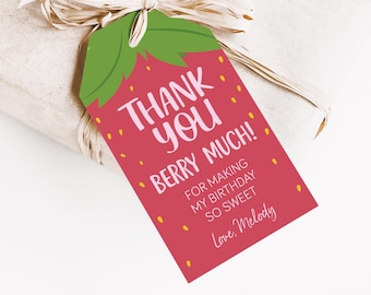 Étiquette de remerciement fraise MODIFIABLE | Étiquette-cadeau Merci Berry Much | Étiquette cadeau fraise | Modèle imprimable à téléchargement immédiat • Corjl