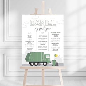 Signo de hito de fiesta de cumpleaños de camión de basura EDITABLE - Póster / Estadísticas del primer año / 16x20 / Plantilla / Corjl - Descarga instantánea