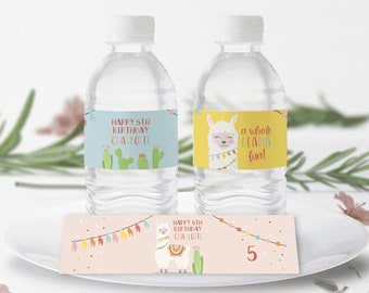 Etichette per bottiglie d'acqua lama stampabili EDITABILI / Cactus Alpaca Fiesta / Compleanno di lama / Divertimento intero con lama / Corjl • Download istantaneo