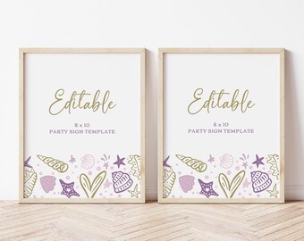 May include: Two printable 8x10 inch party signs with a seashell and starfish design. The signs are editable and say "Editable 8x10 Party Sign Template".