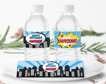 EDITABLE Printable Superhero Water Bottle Labels / Superhero Bottle Labels / Corjl • Instant Download