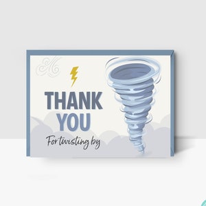 Tarjeta de agradecimiento de tornado EDITABLE plegada y plana • Tarjeta de notas, Papelería • Gracias por el tiempo • Plantilla digital / Corjl - Descarga instantánea