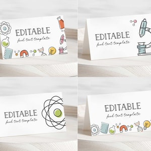 Tendas de comida para festas científicas EDITÁVEIS • Tendas de mesa com tema científico • Placa de comida • Ciência maluca, ciência • Modelo | Corjl - Download instantâneo