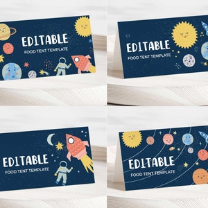 EDITIERBARE Weltraum Essenszelt-Vorlagen • Weltraum-Zeltkarten • Galaxie, Astronauten-Weltraum • Corjl-Vorlage | Sofortiger Zugriff