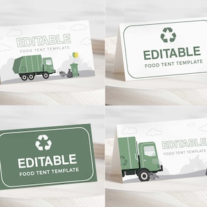 May include: Four printable food tent cards with a green recycling symbol and a green garbage truck. The text on the cards reads "Editable Food Tent Template".