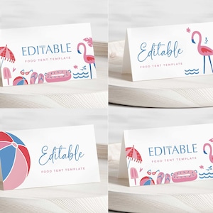 Puede incluir: Cuatro tarjetas blancas para carpas de comida con temática de verano. Cada tarjeta tiene una ilustración diferente: un flamenco, una pelota de playa, un flamenco con una palmera y una escena de playa con un flamenco, un helado, gafas de sol, chanclas y un flotador de donut. Cada tarjeta tiene el texto "Editable Food Tent Template".