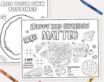 May include: A black and white printable coloring page for a 2nd birthday party. The page features a pizza with toppings, a pizza box, and a word scramble. The text "Happy 2nd Birthday Matteo" is at the top of the page.
