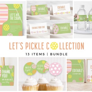 Op de afbeelding: Een set van 13 printbare pickleball-partydecoraties, waaronder uitnodigingen, voedseltentborden, cupcaketoppers, waterfleslabels en bedankkaartjes. De decoraties zijn in de kleuren groen, roze en geel met een pickleball-ontwerp.