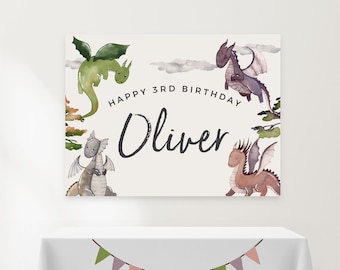 Bewerkbare Dragon Happy Birthday Party Achtergrond Banner 30" x 48" en 36" x 48" | Banner - Drakenfeestsjabloon | Corjl - Direct downloaden
