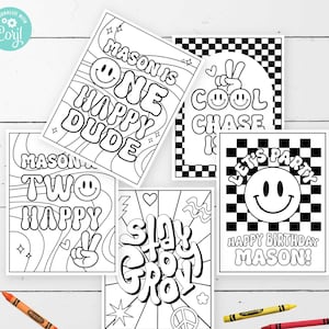 EDITABLE Happy Dude • Groovy Coloring Pages • 5 Designs 8.5 x 11 | Birthday Activity | Happy Dude  | Corjl • Instant Download
