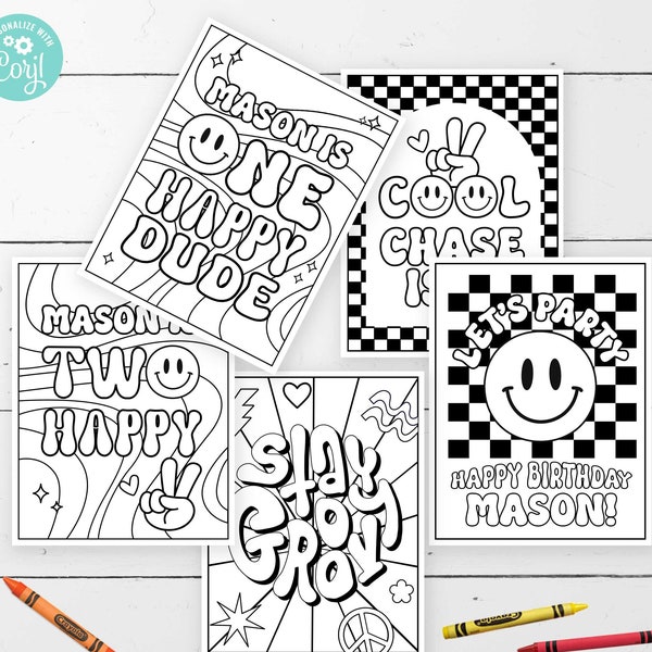 EDITABLE Happy Dude • Groovy Coloring Pages • 5 Designs 8.5 x 11 | Birthday Activity | Happy Dude  | Corjl • Instant Download