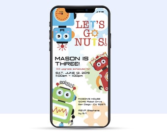 EDITABLE Electronic Robot Birthday Invitation | Text Invite • Email Invite • Evite | Robot Invite Let's Go Nuts | Corjl • Instant Download