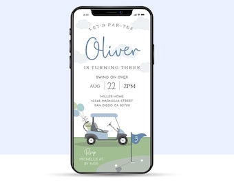Golf Birthday EVITE Invitation, Electronic Phone Text Invite, Golf Cart, EDITABLE Digital Template | Corjl - Instant Download