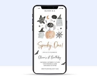 Spooky One Birthday Invitation EVITE Invitation, Phone Text Invite, First Birthday, Halloween, Editable Template | Corjl - Instant Download
