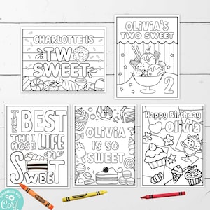 Puede incluir: Cuatro páginas para colorear imprimibles en blanco y negro con un tema de cumpleaños con el texto "Charlotte is Two Sweet", "Olivia's Two Sweet", "Olivia is so Sweet" y "Happy Birthday Olivia".