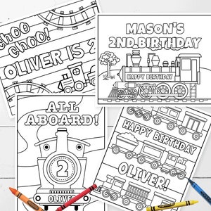 Pagine da colorare per feste in treno MODIFICABILI • Fogli da colorare per treni • Fogli di attività • 4 disegni 8,5" x 11" / Modello Corjl Download immediato