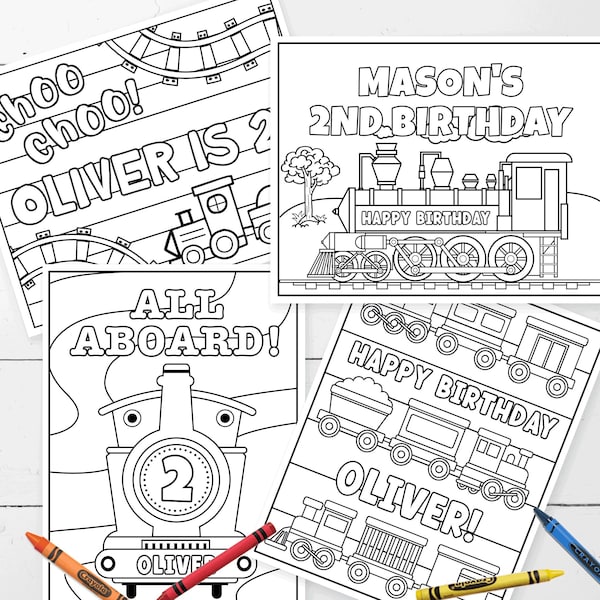 Pages à colorier MODIFIABLES Train Party • Feuilles à colorier de train • Feuilles d'activités • 4 motifs 8,5 x 11 po. | Modèle Corjl à téléchargement immédiat
