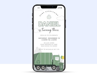 EDITABLE Garbage Truck Birthday EVITE Invitation, Electronic Phone Text Invite, Recycle Truck Dump Everything • Template | Instant Download