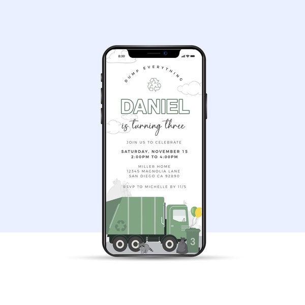 EDITABLE Garbage Truck Birthday EVITE Invitation, Electronic Phone Text Invite, Recycle Truck Dump Everything • Template | Instant Download