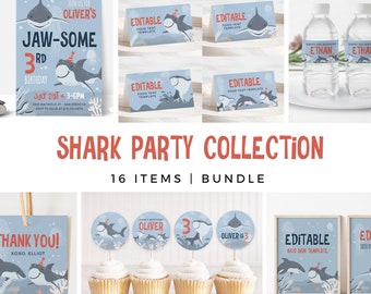 May include: A printable shark party collection with 16 items, including invitations, food tent cards, cupcake toppers, water bottle labels, and a thank you card. The design features a blue and gray color scheme with illustrations of sharks, jellyfish, and seaweed.