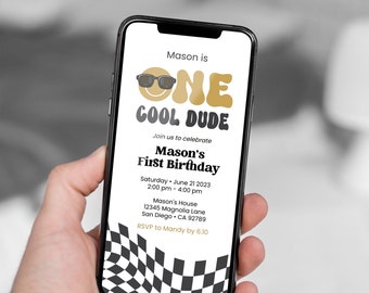 Cool Dude EVITE Invitation, Electronic Phone Text Invite | One Cool Dude, Two Cool, Happy Dude, Happy Face | Instant Download  • Corjl