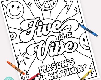 REDIGERBAR Five is a Vibe GROOVY Pojke Målarbild • 5 år Glad Ansikte Målarbild • 1 Design 8,5 x 11 | Groovy Party | Corjl • Direkt Nedladdning
