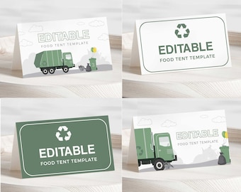 May include: Four printable food tent cards with a green recycling symbol and a green garbage truck. The text on the cards reads "Editable Food Tent Template".