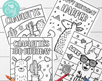 May include: Four black and white coloring pages featuring llamas and cacti. The pages include the text "Happy Birthday Harper", "Charlotte", "Charlottes 3rd Birthday", and "a whow LLAMA".