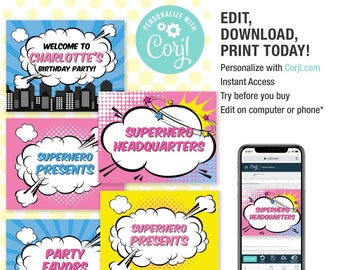 EDITABLE Superhero Girl Party Signs  • 8.5" x 11"  | Superhero Welcome Sign | Party Decoration | Corjl Instant Download
