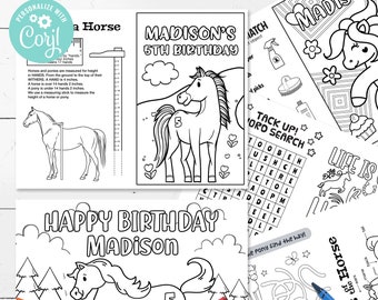Folleto para colorear de la fiesta de cumpleaños del caballo • ¡11 actividades divertidas para colorear o con caballos / 3 diseños editables! / Corjl • Descarga instantánea