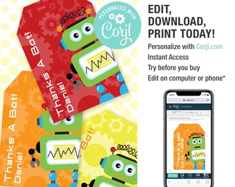 May include: Colorful robot-themed gift tags in red, orange, and yellow. Each tag features a cartoon robot illustration and the text "Thanks A Bot!" and "Daniel". The tags are designed for personalization and instant access.