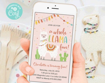 May include: A pink and white digital phone screen with a llama illustration and the text "Join us for a whole llama fun!"  Charlotte is turning five! Saturday, July 22, 2019 1:30 pm to 3:00 pm 2345 Magnolia Lane La Jolla CA 92048 RSVP to Mandy 619.563.2563