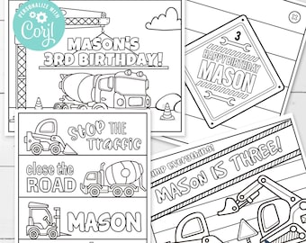 EDITABLE Construction Party Coloring Pages • 4 Designs 8.5 x 11 | Dump Truck • Construction | Corjl • Instant Download
