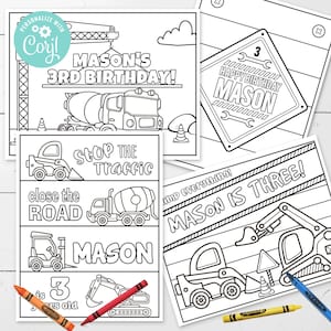 EDITABLE Construction Party Coloring Pages • 4 Designs 8.5 x 11 | Dump Truck • Construction | Corjl • Instant Download
