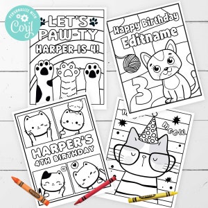 Coloriages d'anniversaire de chat MODIFIABLES • 4 motifs 8,5 x 11 | Activité d'invitation d'anniversaire de chat | Feuilles à colorier pour chatons | Corjl • Téléchargement instantané
