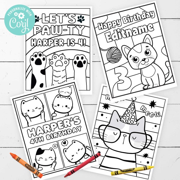 EDITABLE Cat Birthday Coloring Pages • 4 Designs 8.5 x 11 | Cat Birthday Invite Activity | Kitten Coloring Sheets | Corjl • Instant Download