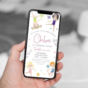 EDITABLE Gymnastics Birthday Party EVITE Invitation, Electronic Phone Text Invite, Twirl and Tumble, Template | Corjl - Instant Download