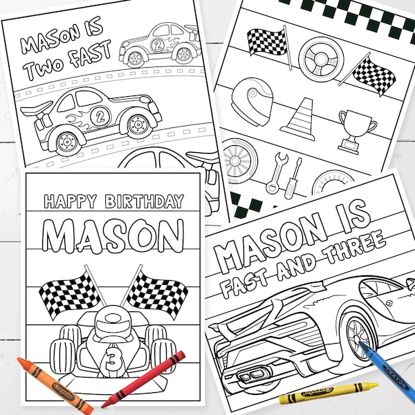 EDITABLE Race Car Party Coloring Pages • Race Car Coloring Sheets • Activity Sheets • 4 Designs 8.5" x 11" | Corjl Template Instant Download
