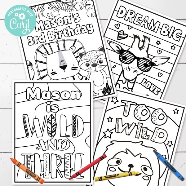 EDITABLE WILD and THREE Coloring Pages • 4 Designs 8.5 x 11 | Birthday Activity | Jungle Birthday | Wild and Three| Corjl • Instant Download