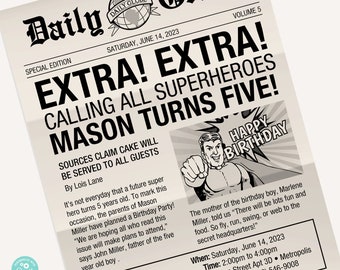 EDITABLE Superhero Newspaper Invitation / Superhero Invite • 8.5" x 11" Letter Size / Super Hero / Corjl | Instant Download