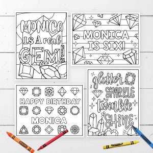 Könnte beinhalten: Vier druckbare Malvorlagen mit dem Namen Monica und einem Edelstein-Motiv. Die Seiten enthalten den Text "Monica is a real gem!" "Monica is six!" "Happy Birthday Monica" und "Glitter Sparkle Twinkle Shine".