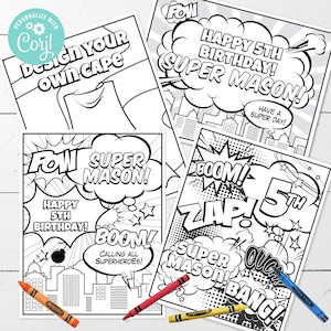 EDITABLE Superhero Coloring Pages • 4 Designs 8.5 x 11 | Birthday Activity | Superhero Birthday | Hero Heroes | Corjl • Instant Download