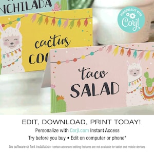 EDITIERBARE druckbare Lama Food Tent | Lama Food Labels, Lama Tischkarte Tent Card | Kaktus Alpaka Fiesta | Corjl • Sofort Download