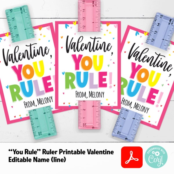 EDITABLE You Rule Valentine Card • Ruler Valentine | Classroom Valentine  | Instant Download PRINTABLE | PDF • Corjl