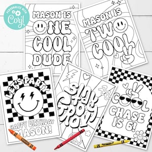 EDITABLE Cool | Cool Dude • Groovy Coloring Pages • 5 Designs 8.5 x 11 | Birthday Activity | Happy Dude  | Corjl • Instant Download
