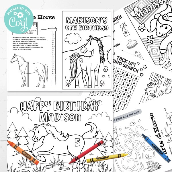 Horse Birthday Party Coloring Booklet • 11 Coloring or Horse Fun Activities | 3 Editable Designs! | Corjl • Instant Download