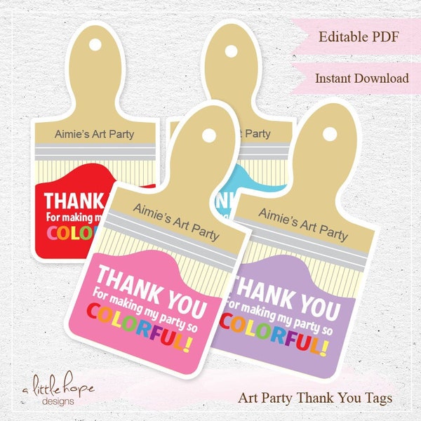 Editable Art Party Thank You Tags / Art Party Tags /  Favor Tags / Instant Download / Paint Brush  INSTANT DOWNLOAD